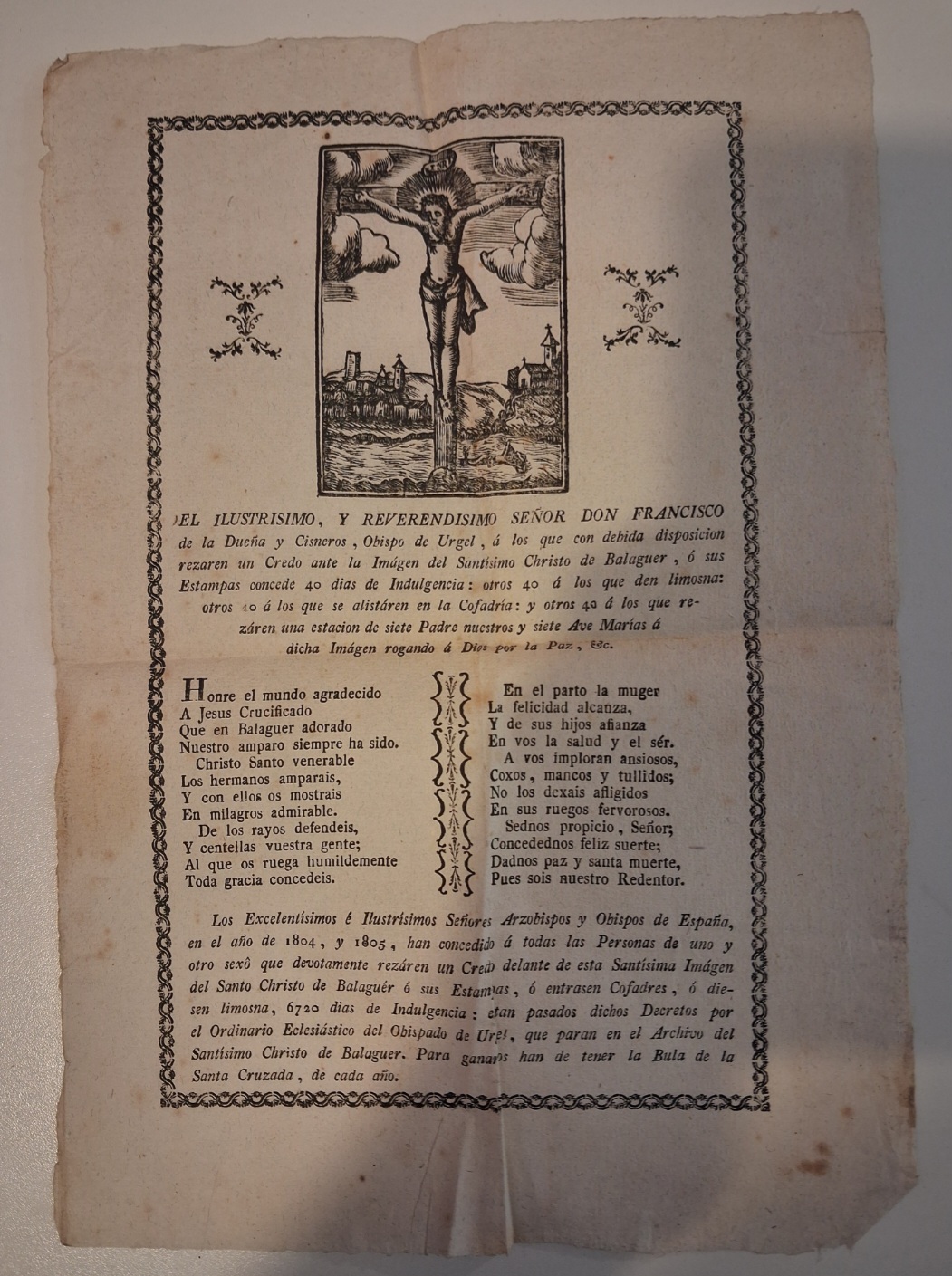 Estampa antigua del Santísimo Cristo de Balaguer año 1804 1805