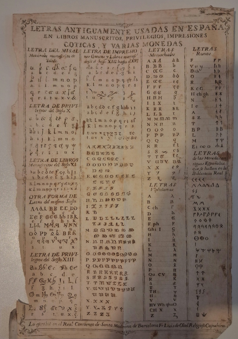 Lámina de letras antiguas usadas en España de Fray Luis de Olod Barcelona